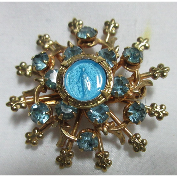 Blessed Mother Pin Brooch Miraculous Medal Enamel Stones Vintage Religious Pin - Picture 1 of 4